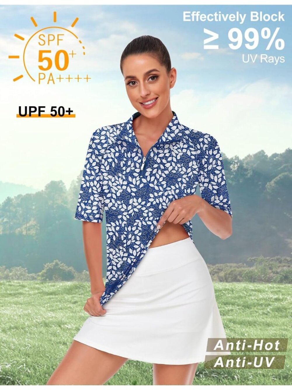 Women Blue-white Leaf Golf Shirt Quick Dry Half Sleeve 1/4 Zip Tennis Top M-3XL - Picture 3 of 5